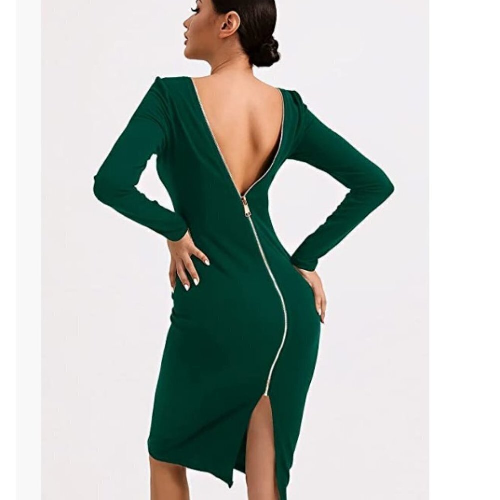 Backless Dress Slit Hem Long Sleeve Pencil Dress Zip-Up Bodycon Midi SMALL - Picture 5 of 7
